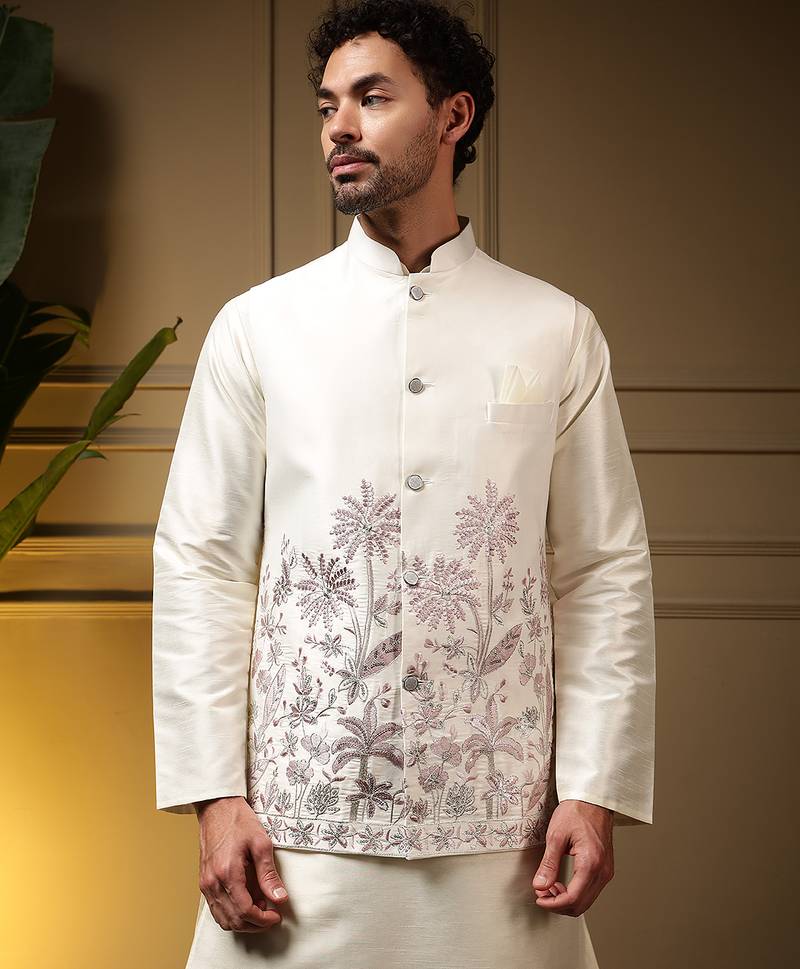 Men's pink slub silk sequins embroidered kurta set with nehru jacket