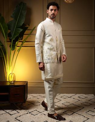 Men's yellow slub silk sequins embroidered kurta set with nehru jacket 2