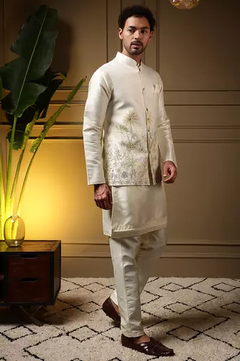 Men's yellow slub silk sequins embroidered kurta set with nehru jacket