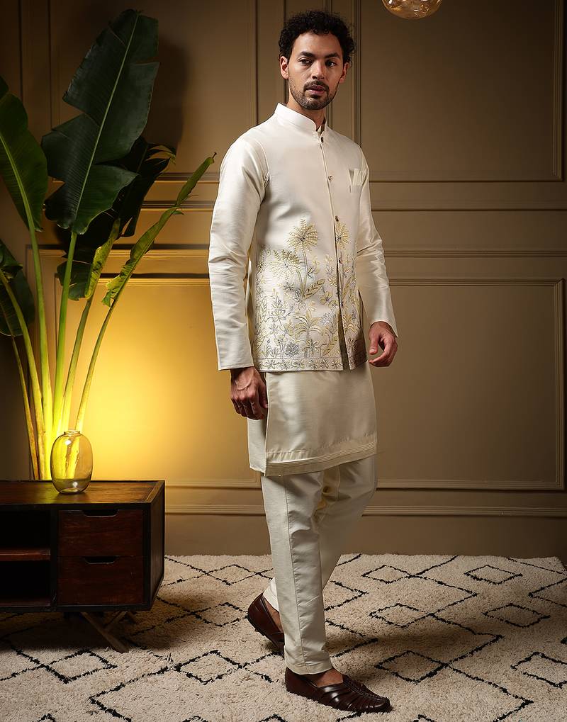 Men's yellow slub silk sequins embroidered kurta set with nehru jacket
