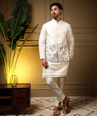 Men's grey slub silk sequins embroidered kurta set with nehru jacket 1