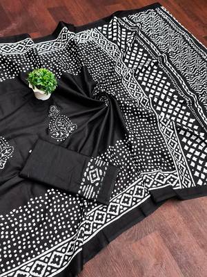 Black batik print mulmul cotton saree with blouse. 5