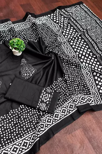 Black batik print mulmul cotton saree with blouse.