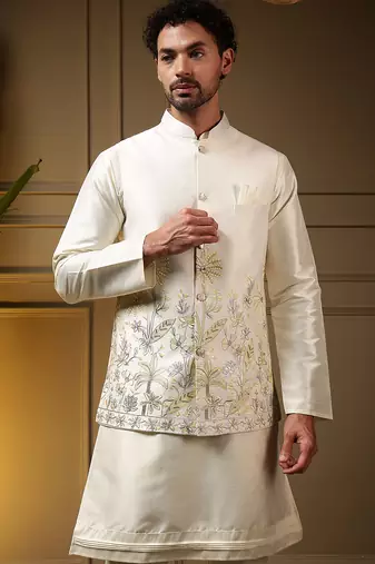 Men's yellow slub silk sequins embroidered kurta set with nehru jacket