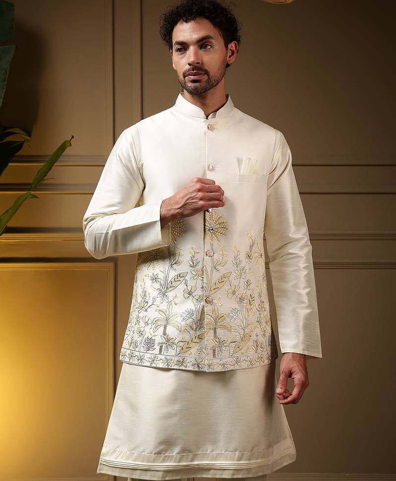 Men's yellow slub silk sequins embroidered kurta set with nehru jacket
