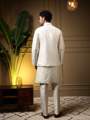 Men's pink slub silk sequins embroidered kurta set with nehru jacket 5