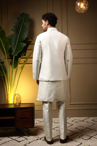 Men's pink slub silk sequins embroidered kurta set with nehru jacket