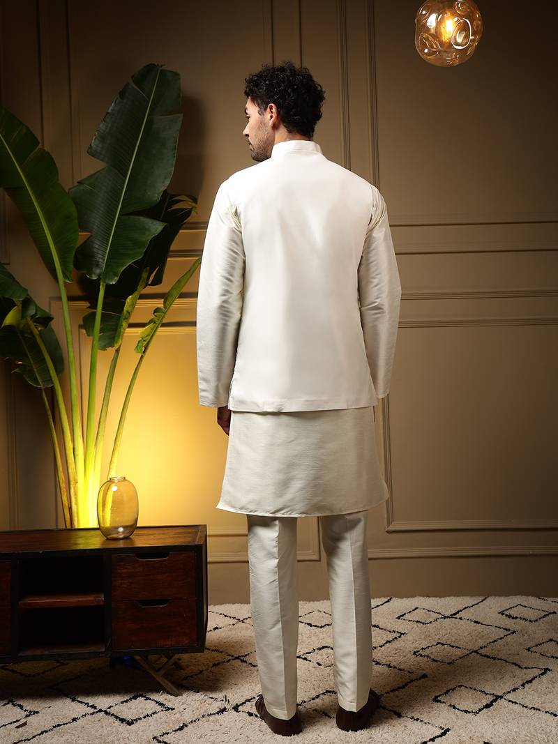 Men's pink slub silk sequins embroidered kurta set with nehru jacket