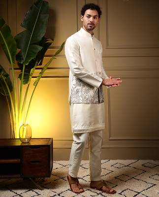 Men's grey slub silk sequins embroidered kurta set with nehru jacket 2