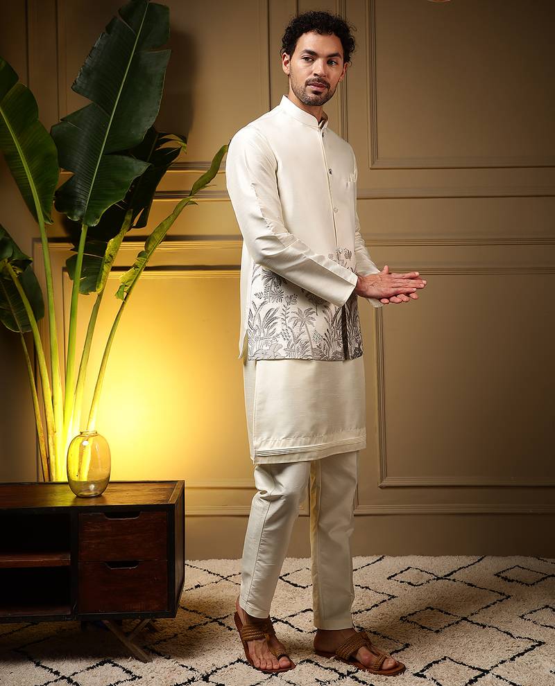 Men's grey slub silk sequins embroidered kurta set with nehru jacket