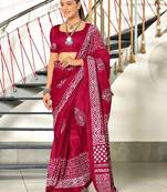 Pink batik print mulmul cotton saree with blouse.