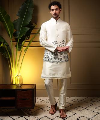 Men's bottle green slub silk sequins embroidered kurta set with nehru jacket 1