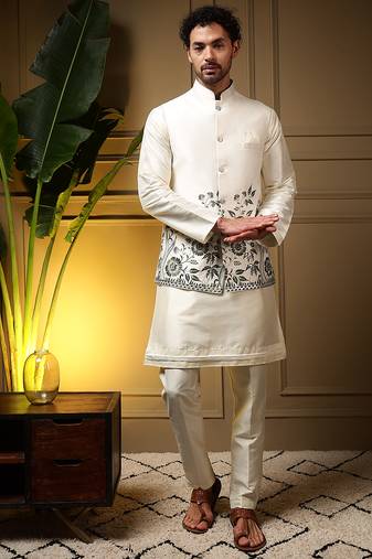 Men's bottle green slub silk sequins embroidered kurta set with nehru jacket