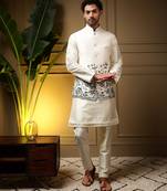 Men's bottle green slub silk sequins embroidered kurta set with nehru jacket