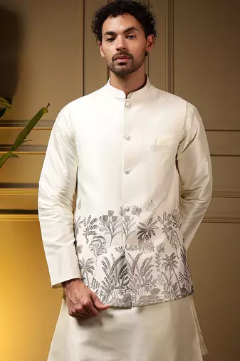 Men's grey slub silk sequins embroidered kurta set with nehru jacket