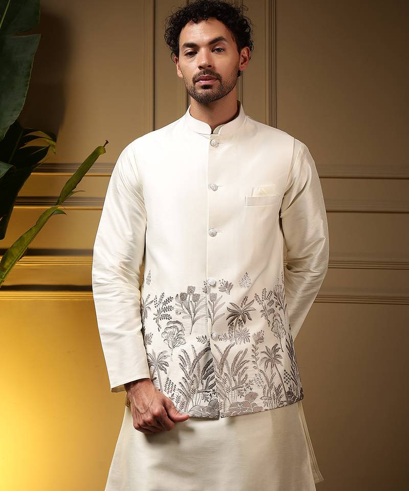 Men's grey slub silk sequins embroidered kurta set with nehru jacket