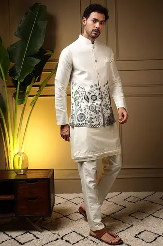 Men's bottle green slub silk sequins embroidered kurta set with nehru jacket