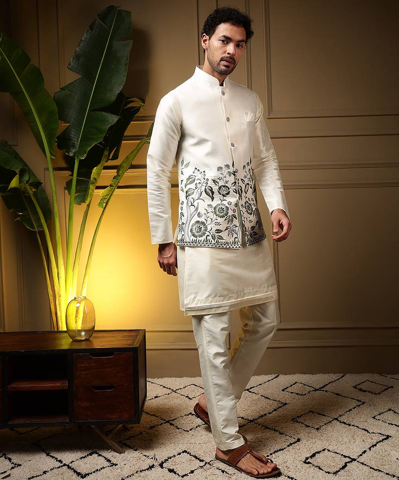 Men's bottle green slub silk sequins embroidered kurta set with nehru jacket