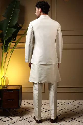 Men's yellow slub silk sequins embroidered kurta set with nehru jacket