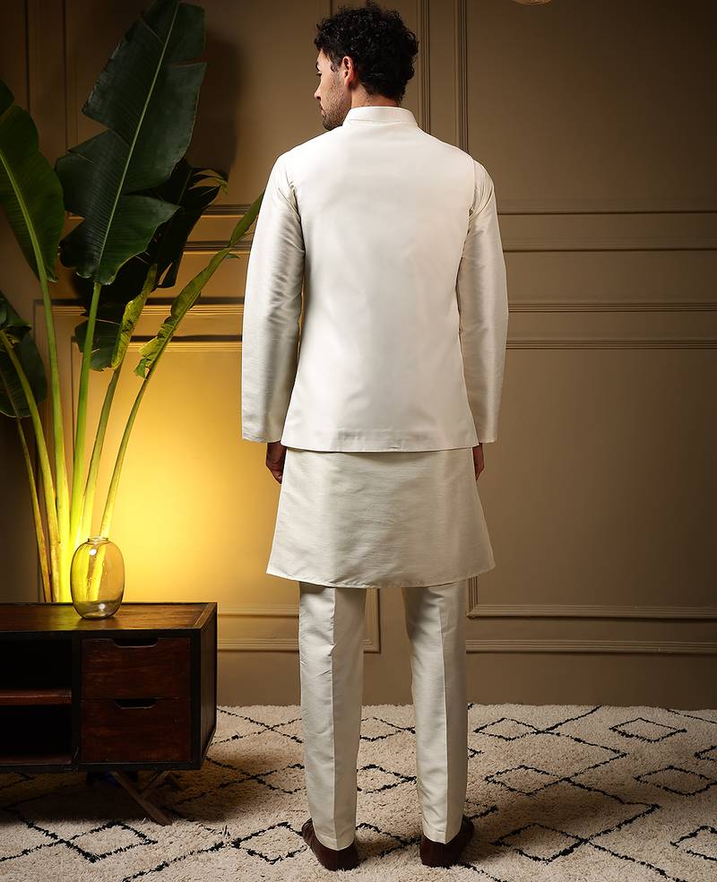 Men's yellow slub silk sequins embroidered kurta set with nehru jacket