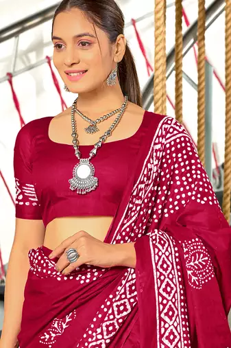 Pink batik print mulmul cotton saree with blouse.