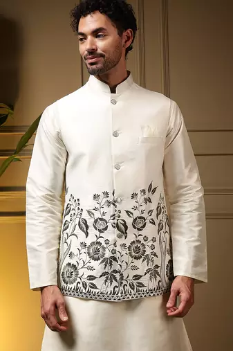 Men's bottle green slub silk sequins embroidered kurta set with nehru jacket