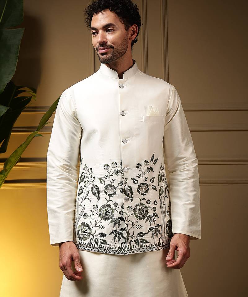 Men's bottle green slub silk sequins embroidered kurta set with nehru jacket