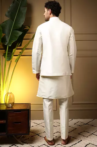 Men's grey slub silk sequins embroidered kurta set with nehru jacket