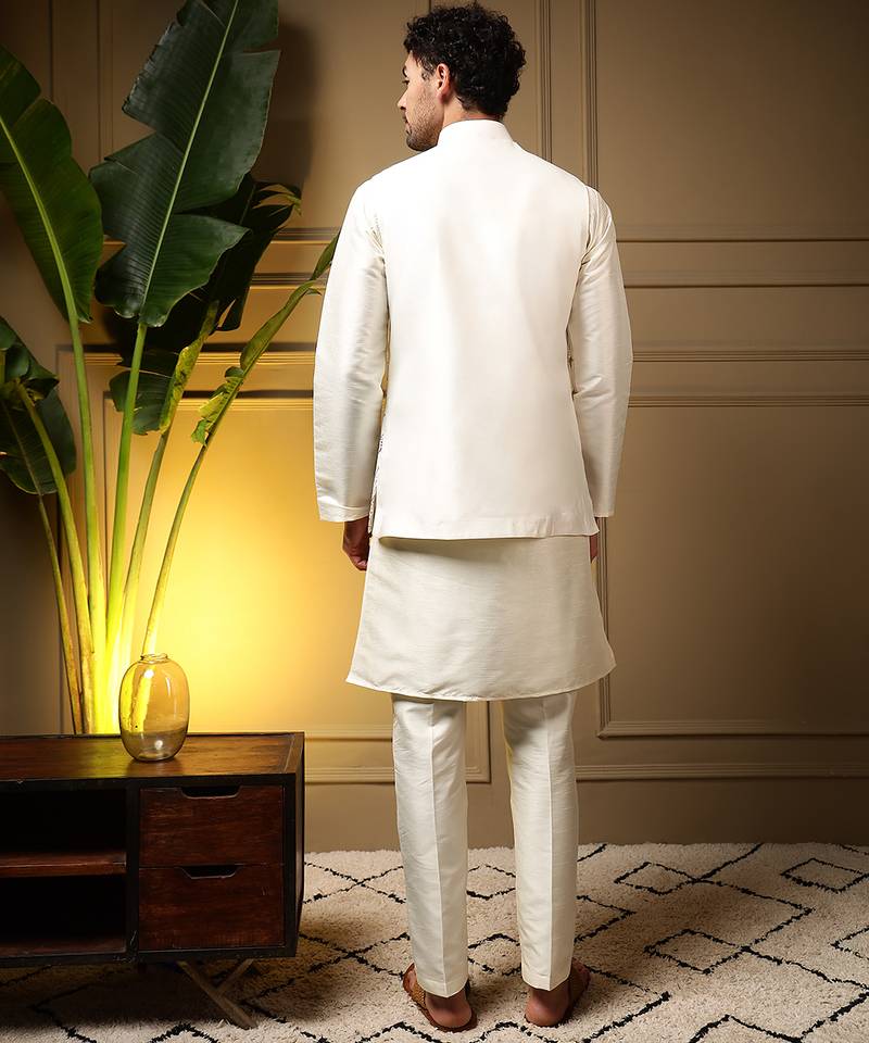 Men's grey slub silk sequins embroidered kurta set with nehru jacket