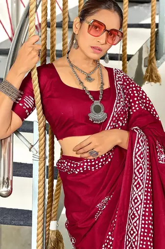 Pink batik print mulmul cotton saree with blouse.