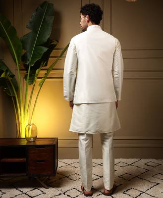 Men's bottle green slub silk sequins embroidered kurta set with nehru jacket 5