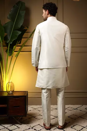 Men's bottle green slub silk sequins embroidered kurta set with nehru jacket