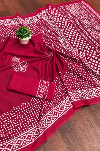 Pink batik print mulmul cotton saree with blouse.