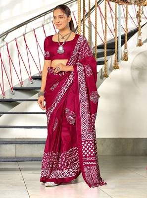 Wine batik print mulmul cotton saree with blouse. 1