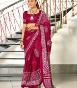 Wine batik print mulmul cotton saree with blouse.