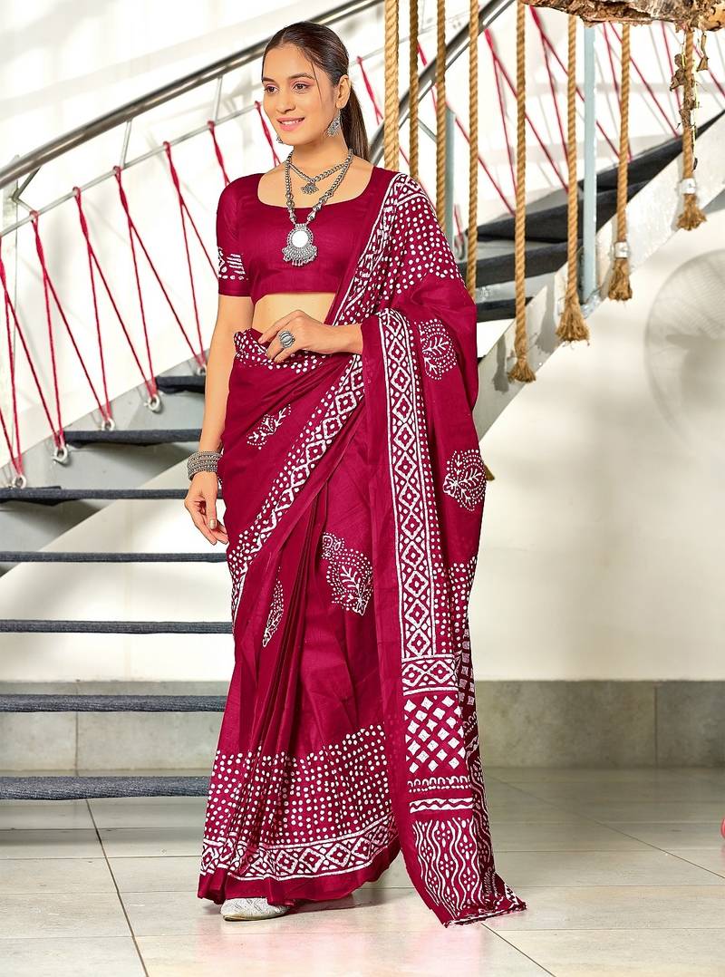 Wine batik print mulmul cotton saree with blouse.
