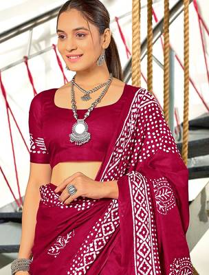 Wine batik print mulmul cotton saree with blouse. 2