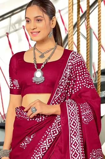 Wine batik print mulmul cotton saree with blouse.