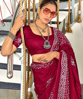 Wine batik print mulmul cotton saree with blouse. 3