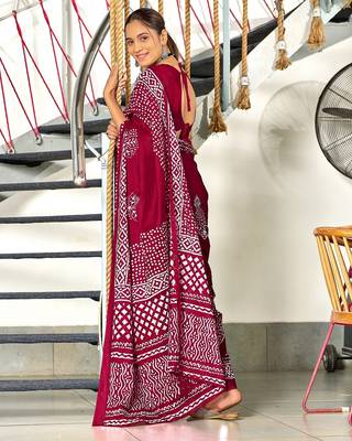 Wine batik print mulmul cotton saree with blouse. 4
