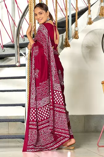 Wine batik print mulmul cotton saree with blouse.