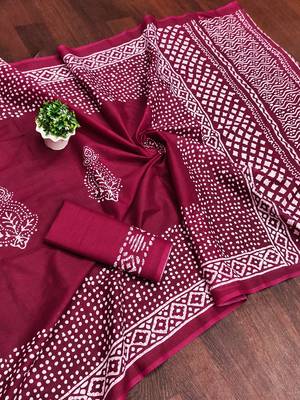Wine batik print mulmul cotton saree with blouse. 5
