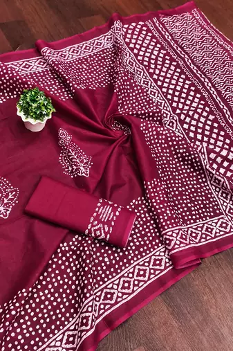 Wine batik print mulmul cotton saree with blouse.