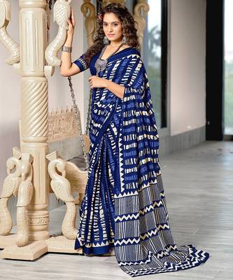 Blue zigzag, striped print mulmul cotton saree with blouse. 1