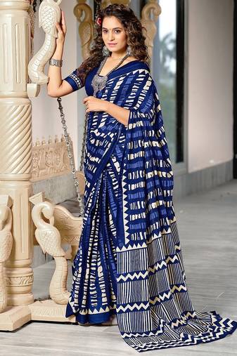 Blue zigzag, striped print mulmul cotton saree with blouse.