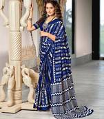 Blue zigzag, striped print mulmul cotton saree with blouse.
