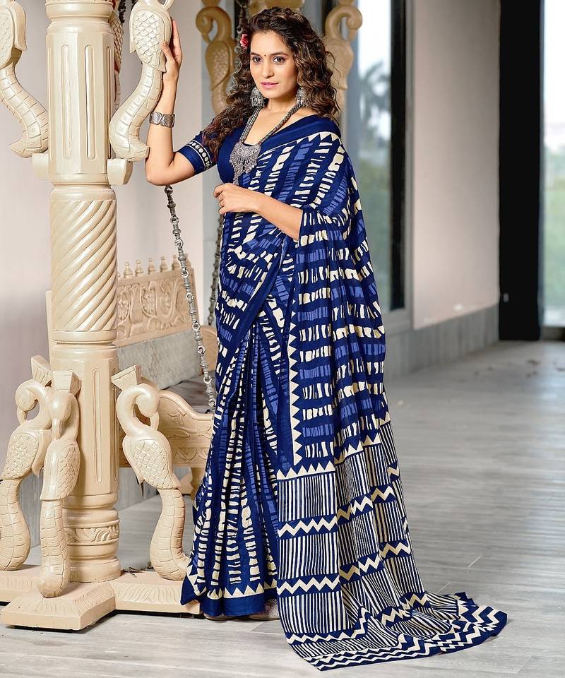 Blue zigzag, striped print mulmul cotton saree with blouse.