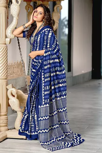 Blue zigzag, striped print mulmul cotton saree with blouse.