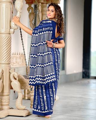 Blue zigzag, striped print mulmul cotton saree with blouse. 4