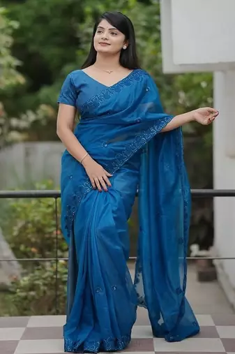 Blue Color Malti Thread & Sequence Embroidery work Net Saree